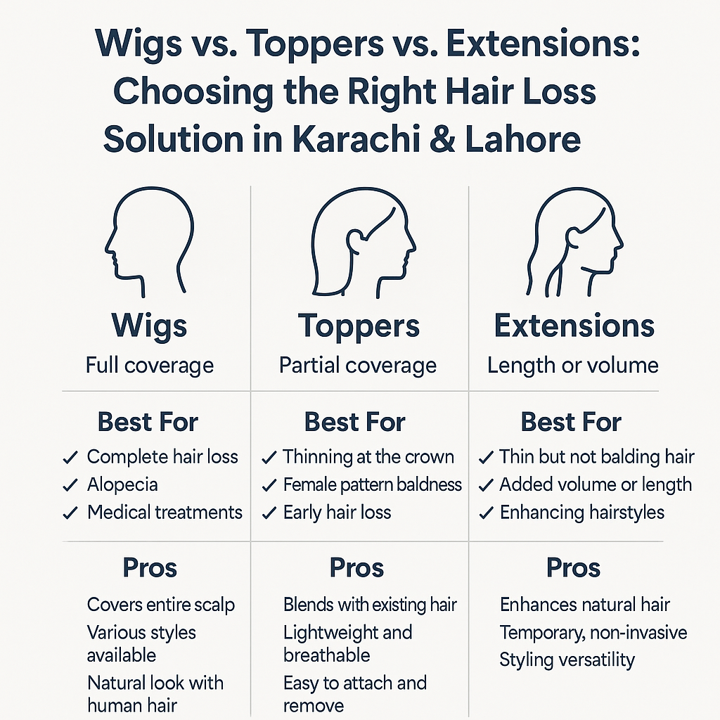 Wigs vs. Toppers vs. Extensions: Choosing the Right Hair Loss Solution in Karachi & Lahore